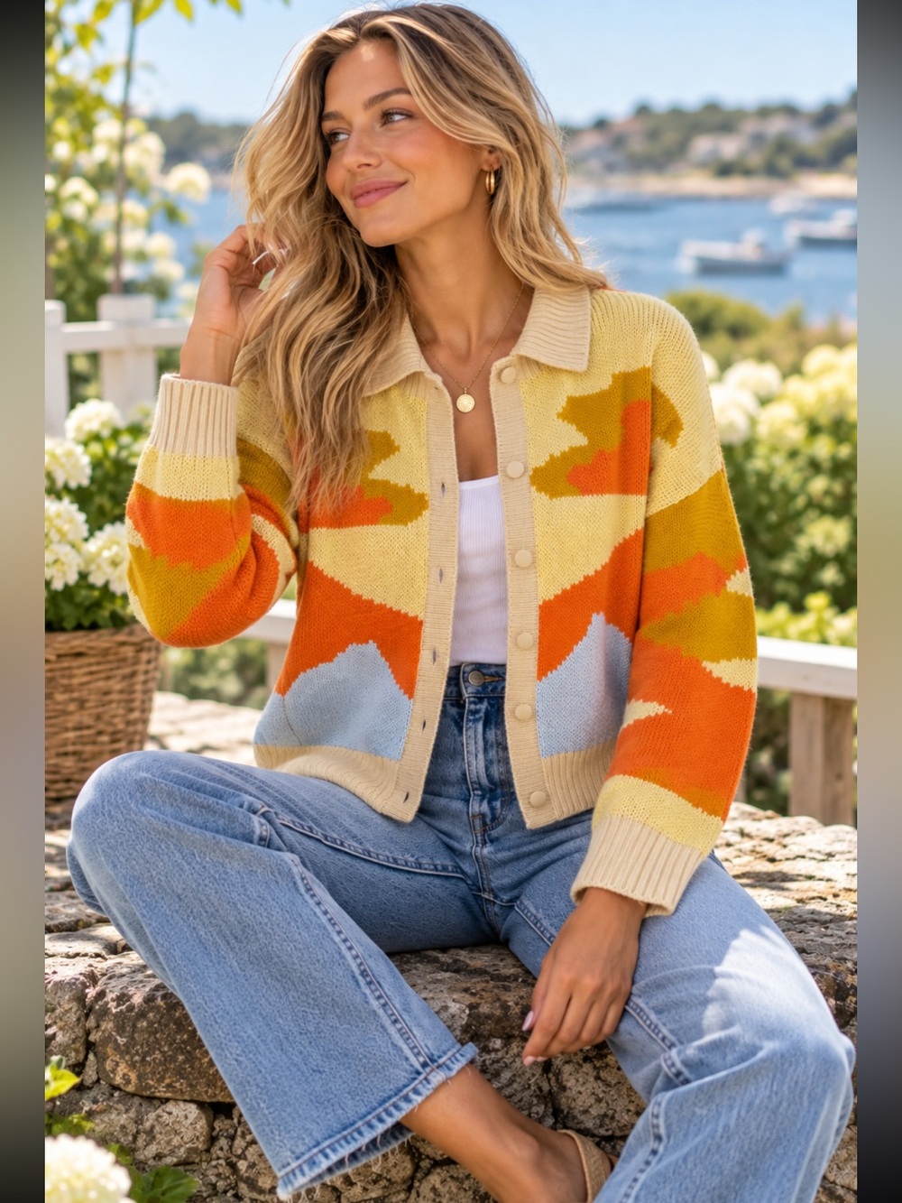 Vintage multi color abstract printed unique cardigan sweater timeless whimsical
